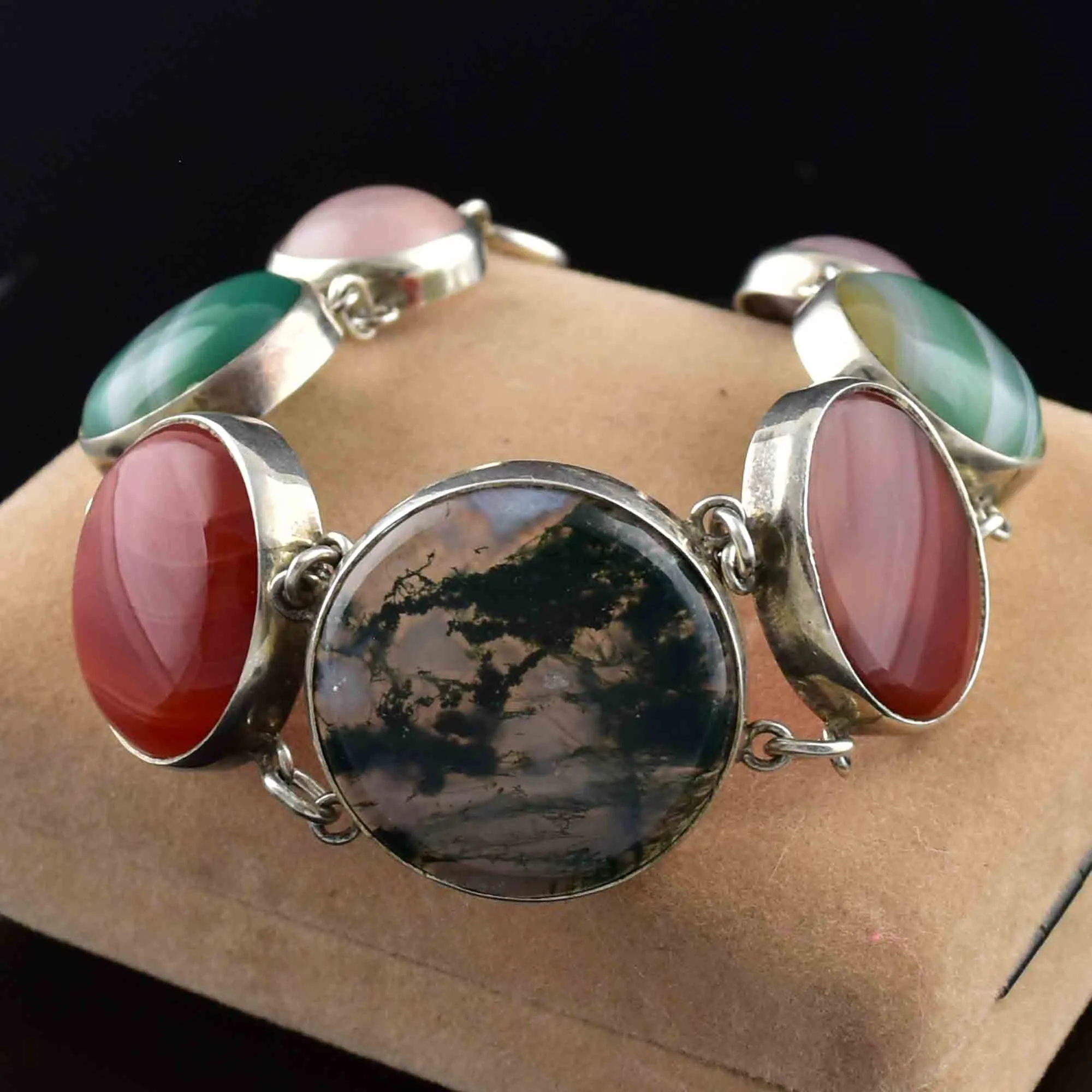 Vintage Silver Scottish Moss Agate Amethyst Banded Agate Bracelet