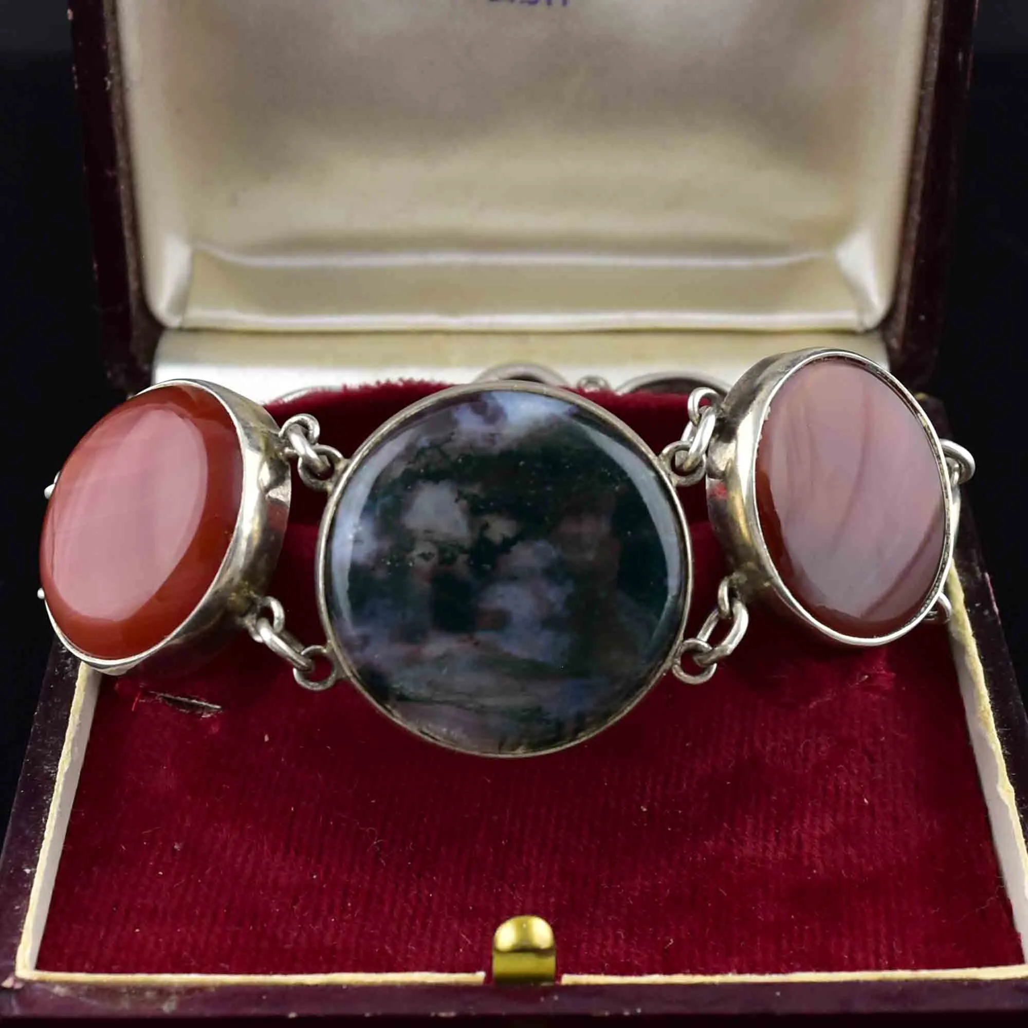 Vintage Silver Scottish Moss Agate Amethyst Banded Agate Bracelet