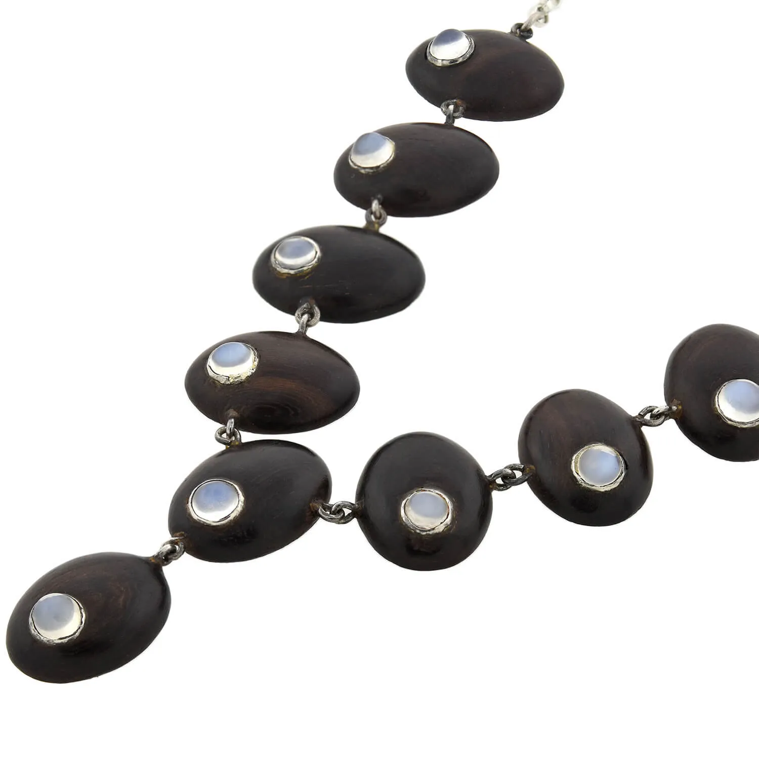 Vintage Sterling Silver Wood   Moonstone Link Necklace 16"