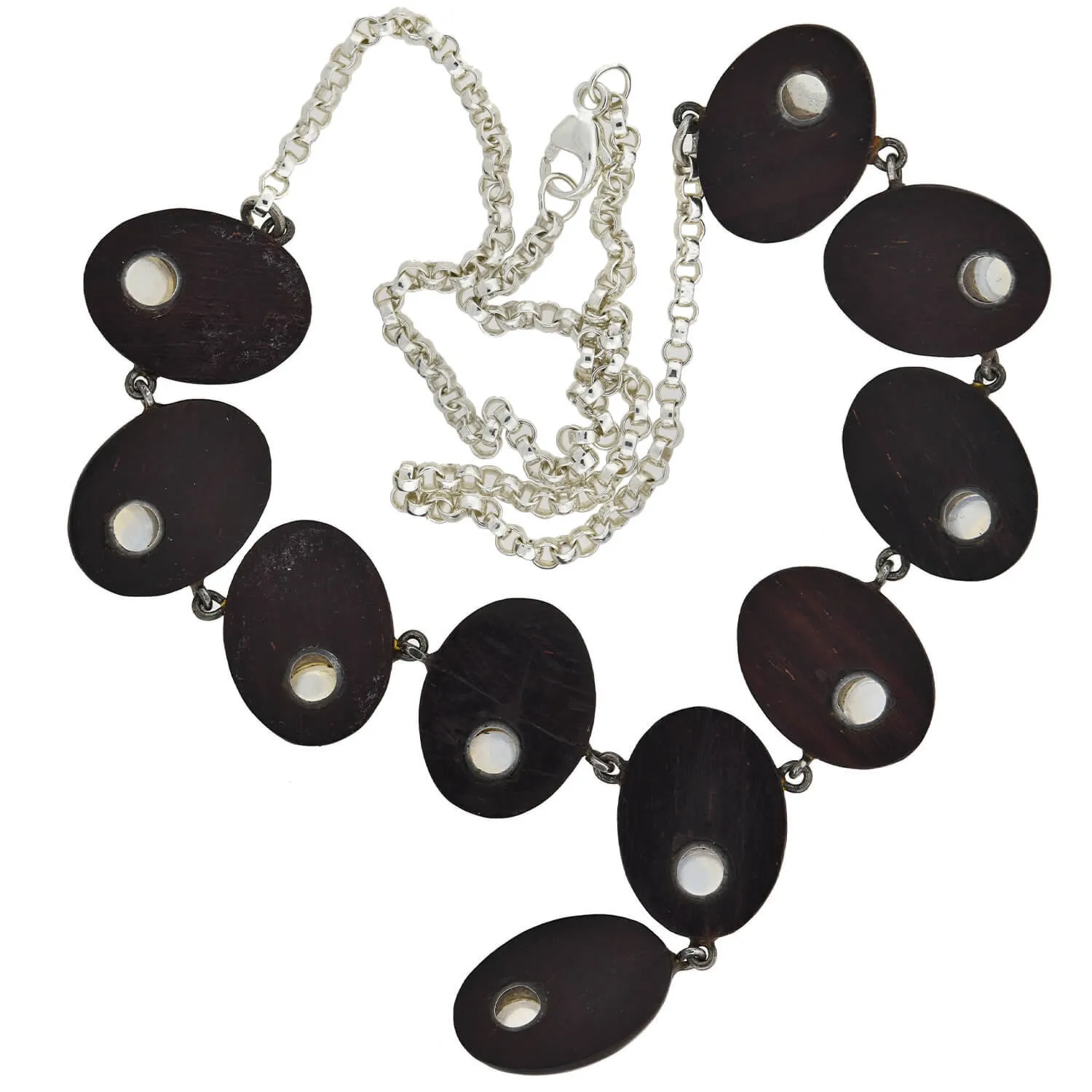 Vintage Sterling Silver Wood   Moonstone Link Necklace 16"