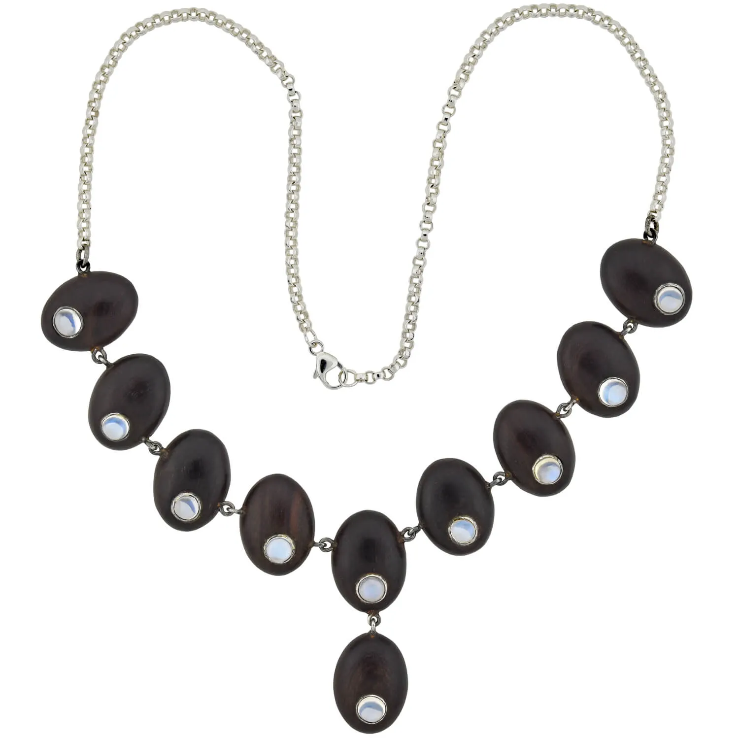 Vintage Sterling Silver Wood   Moonstone Link Necklace 16"
