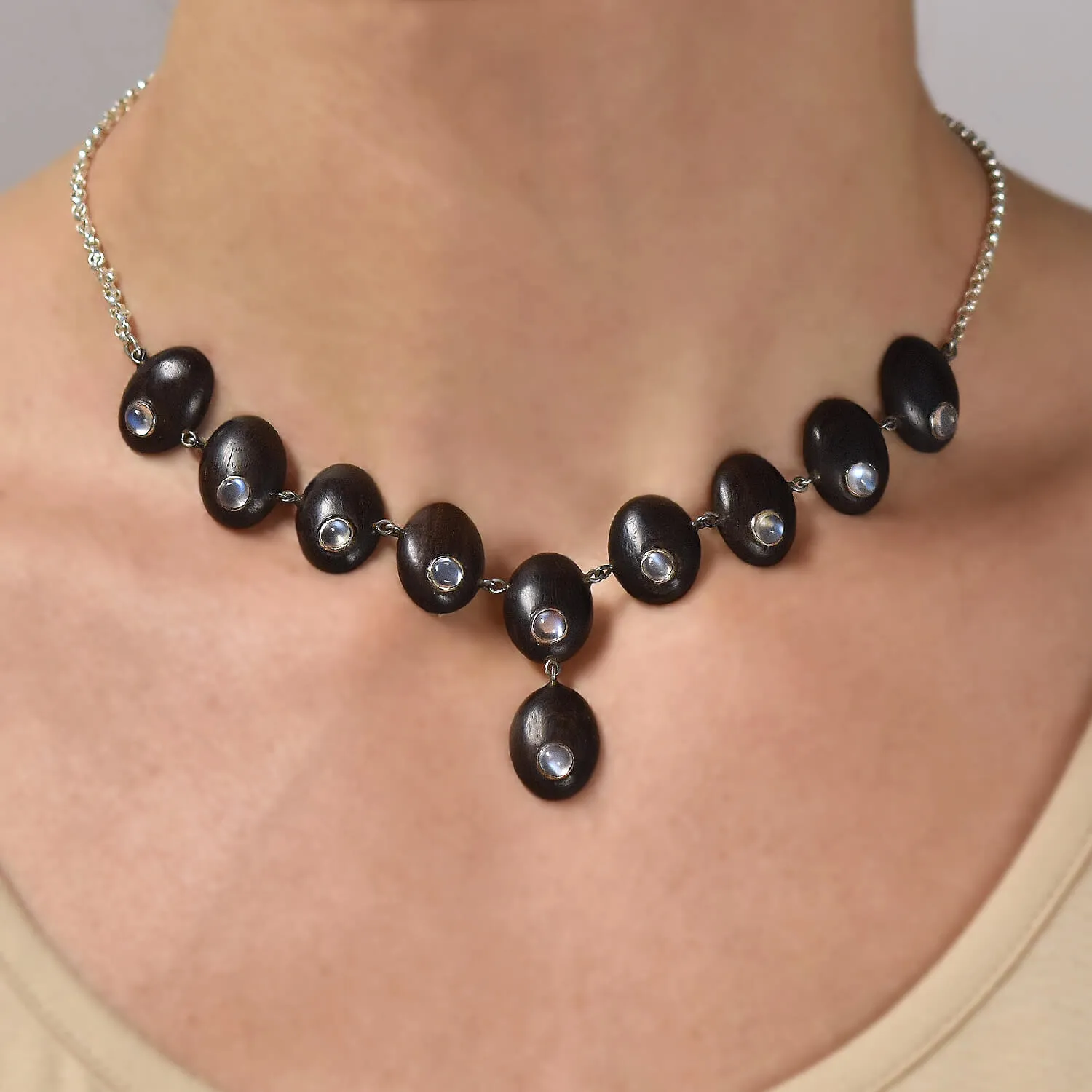 Vintage Sterling Silver Wood   Moonstone Link Necklace 16"