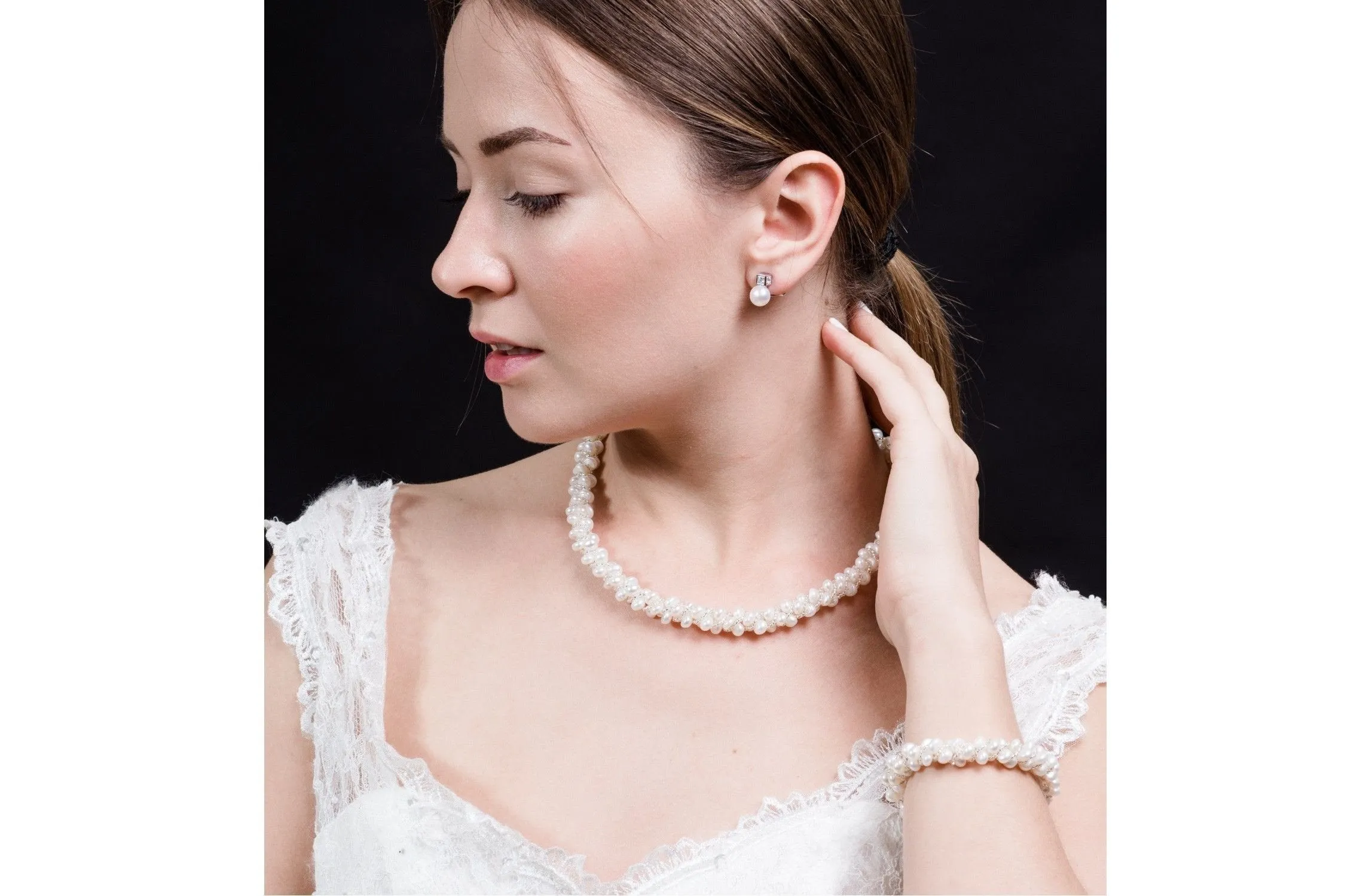 White Multi Strand Braided Freshwater Pearl Necklace and Bracelet Set 6mm