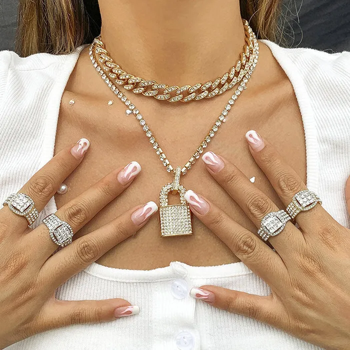 Y2K Rhinestone Lock Necklace