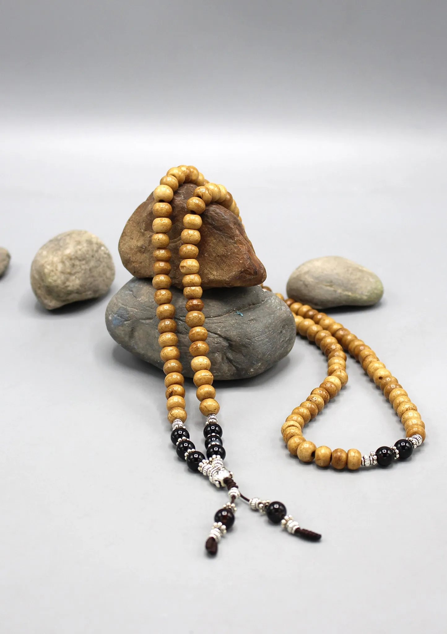 Yak Bone Mala With Onyx Beads and Buddha Head