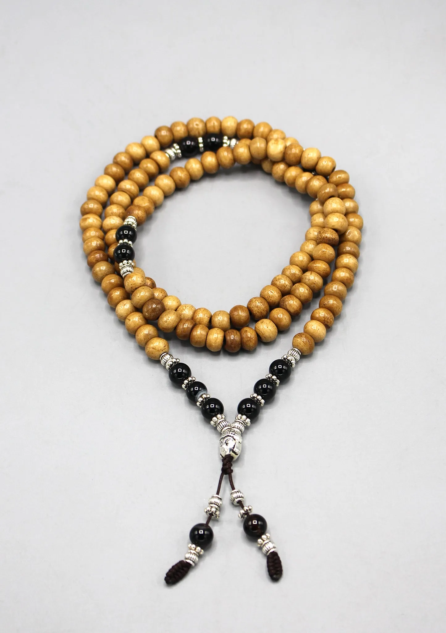 Yak Bone Mala With Onyx Beads and Buddha Head