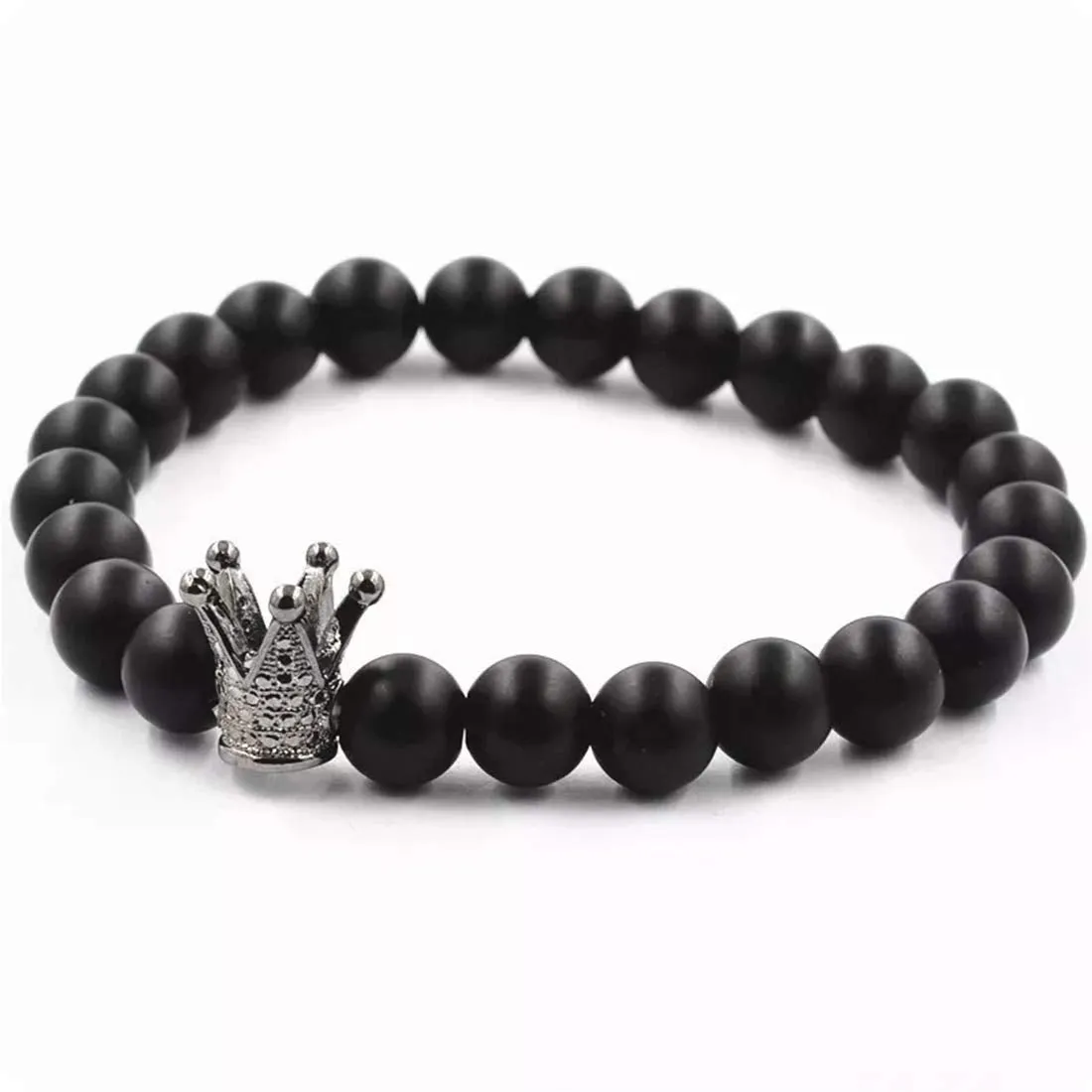 Yellow Chimes King Crown Natural Matte Black Volcanic Lava Stone Beads Stretchable Charm Bracelet for Men and Boy's