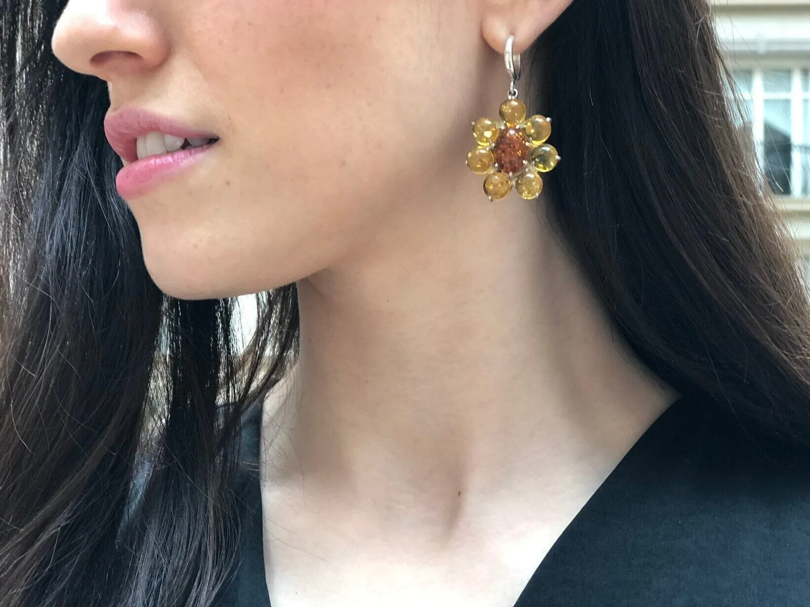 Yellow Flower Earrings - Natural Amber Earrings - Dangling Flower Earrings