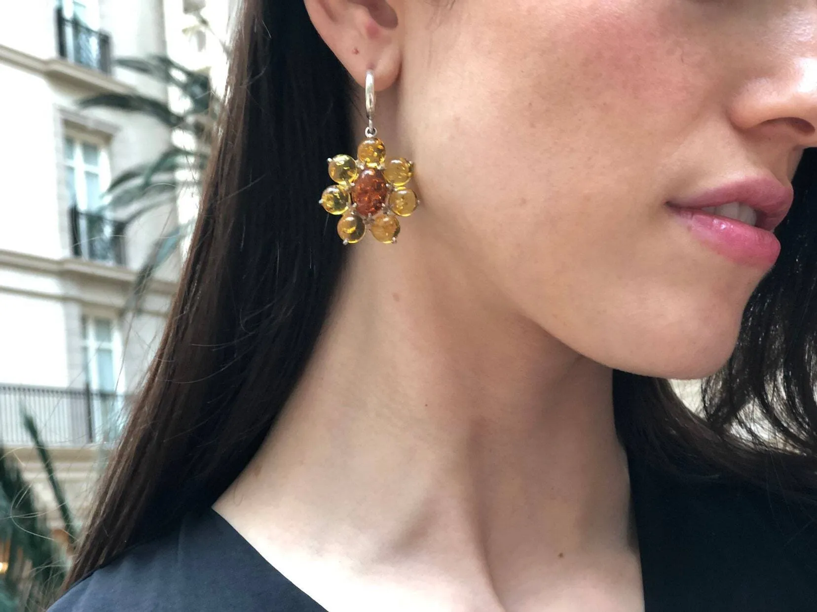 Yellow Flower Earrings - Natural Amber Earrings - Dangling Flower Earrings