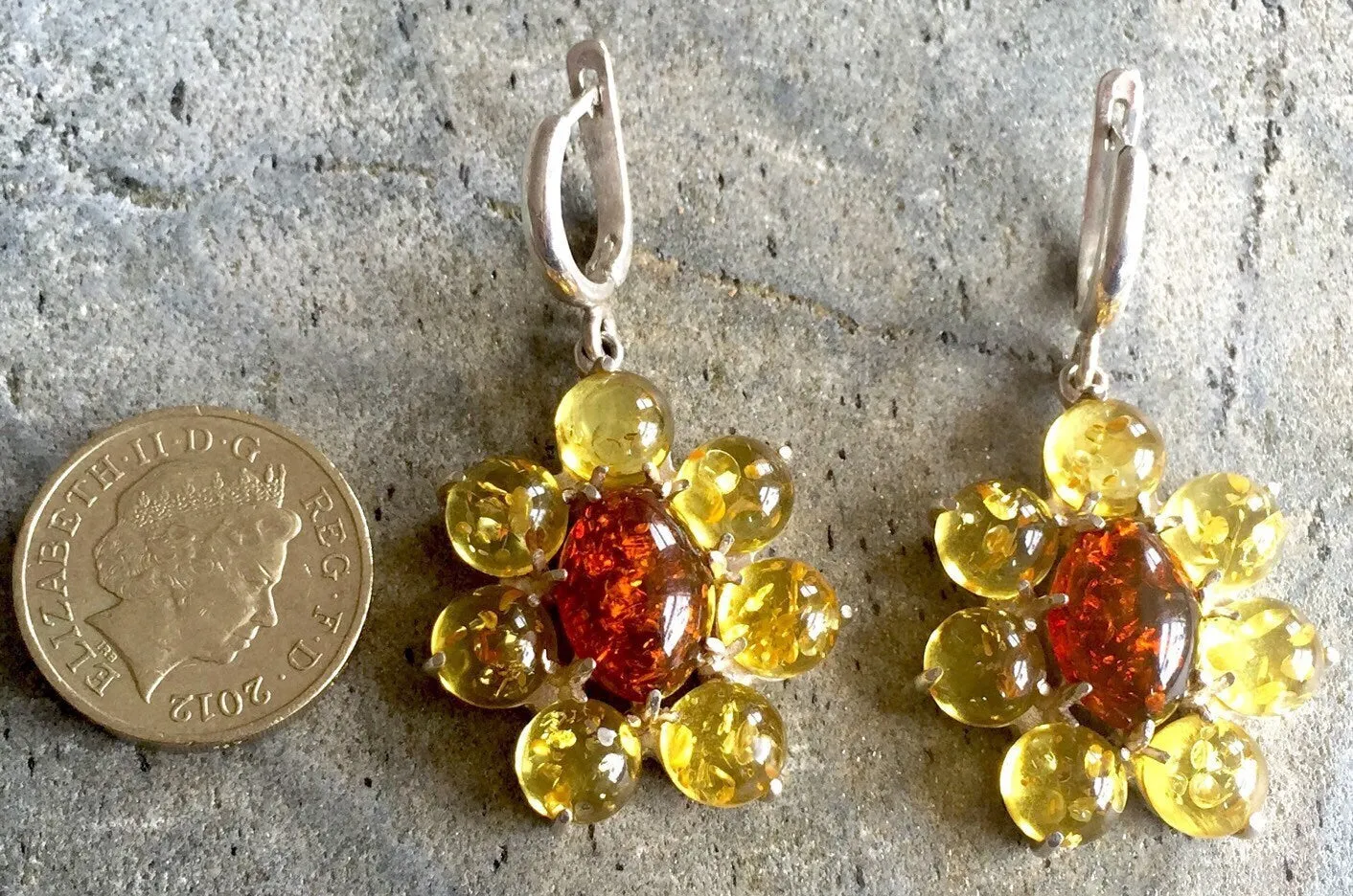 Yellow Flower Earrings - Natural Amber Earrings - Dangling Flower Earrings