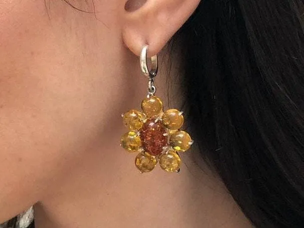 Yellow Flower Earrings - Natural Amber Earrings - Dangling Flower Earrings