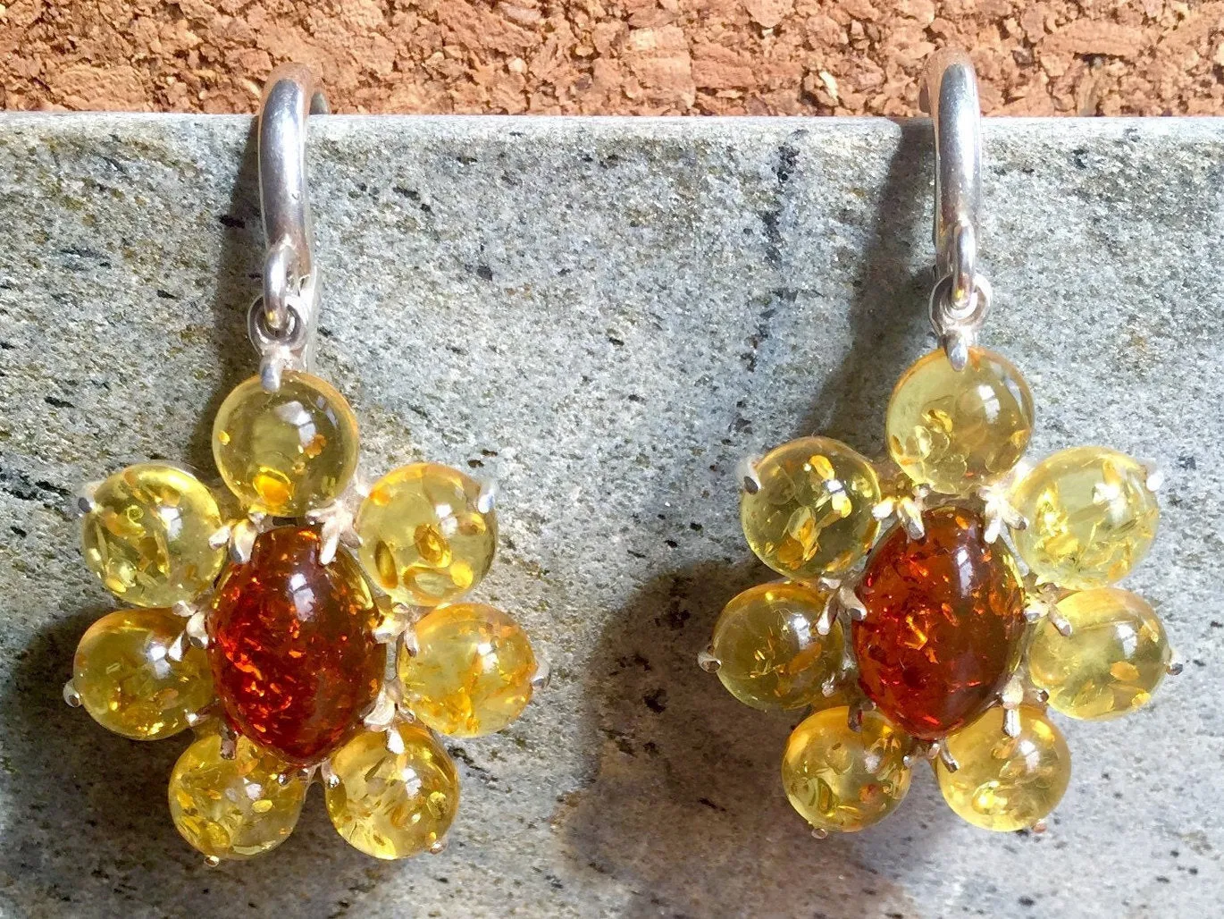 Yellow Flower Earrings - Natural Amber Earrings - Dangling Flower Earrings