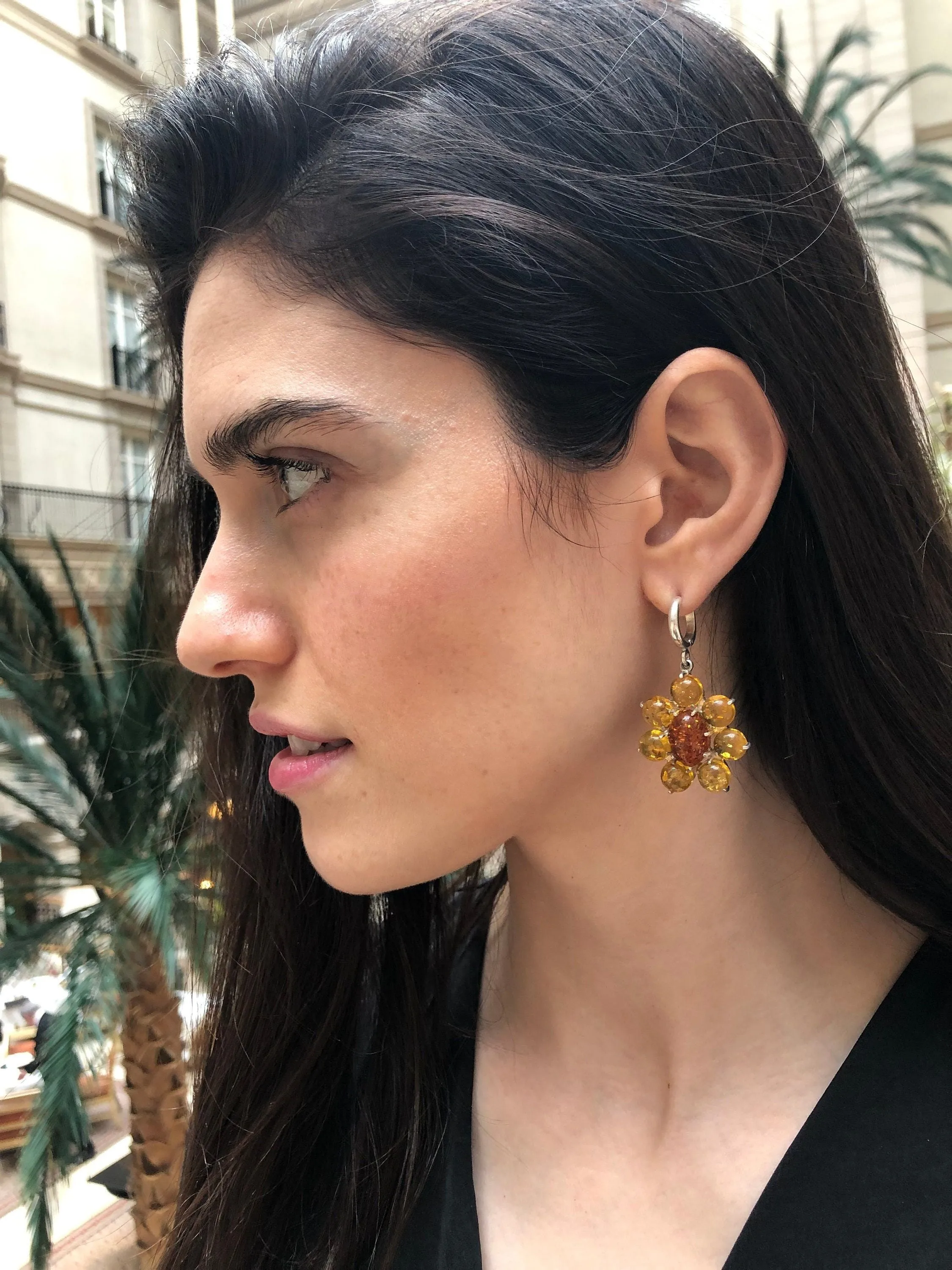 Yellow Flower Earrings - Natural Amber Earrings - Dangling Flower Earrings