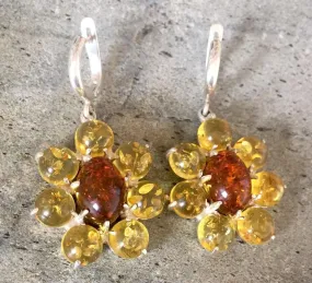 Yellow Flower Earrings - Natural Amber Earrings - Dangling Flower Earrings
