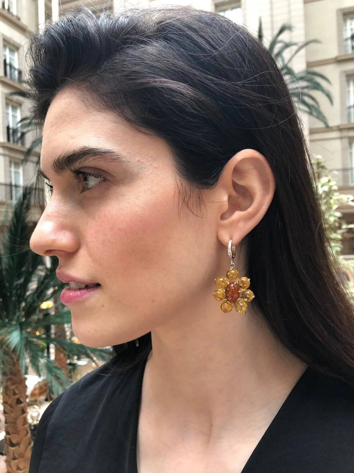 Yellow Flower Earrings - Natural Amber Earrings - Dangling Flower Earrings